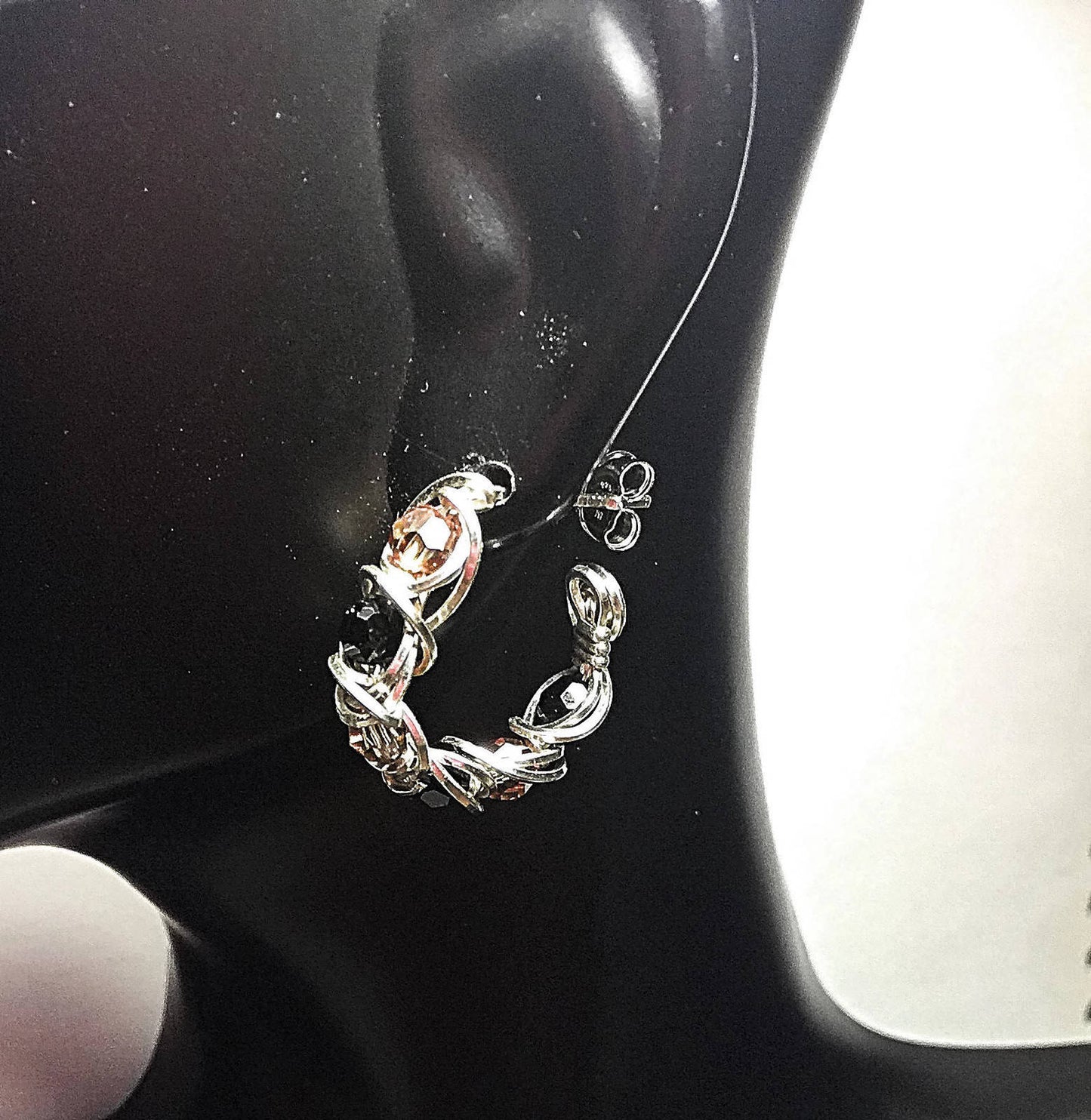 Silver Black Copper crystal hoop earrings