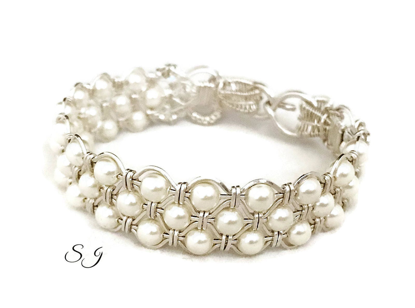 Silver Cream Pearl Bangle Bracelet