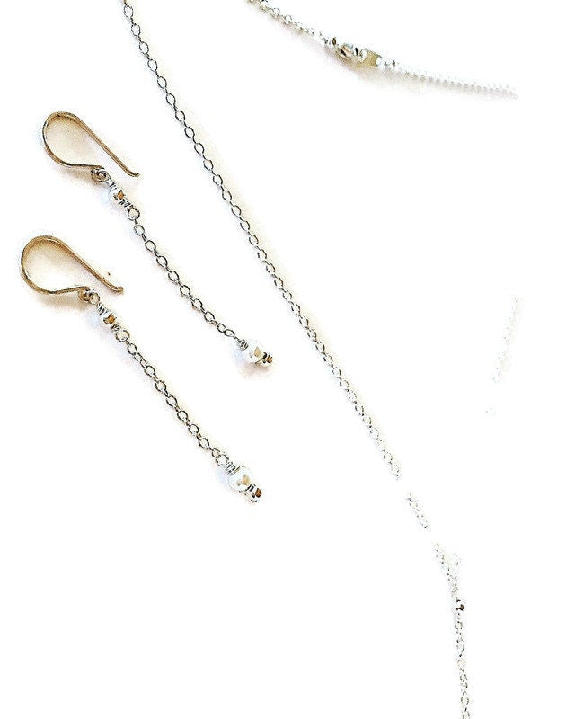 Silver White Swarovski pearl drop necklace and earring set