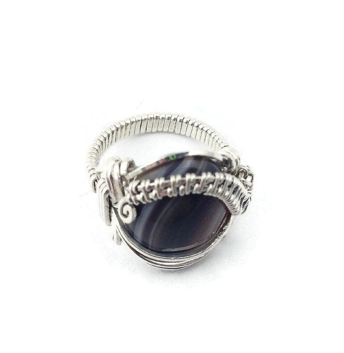 Silver Brown banded onyx ring
