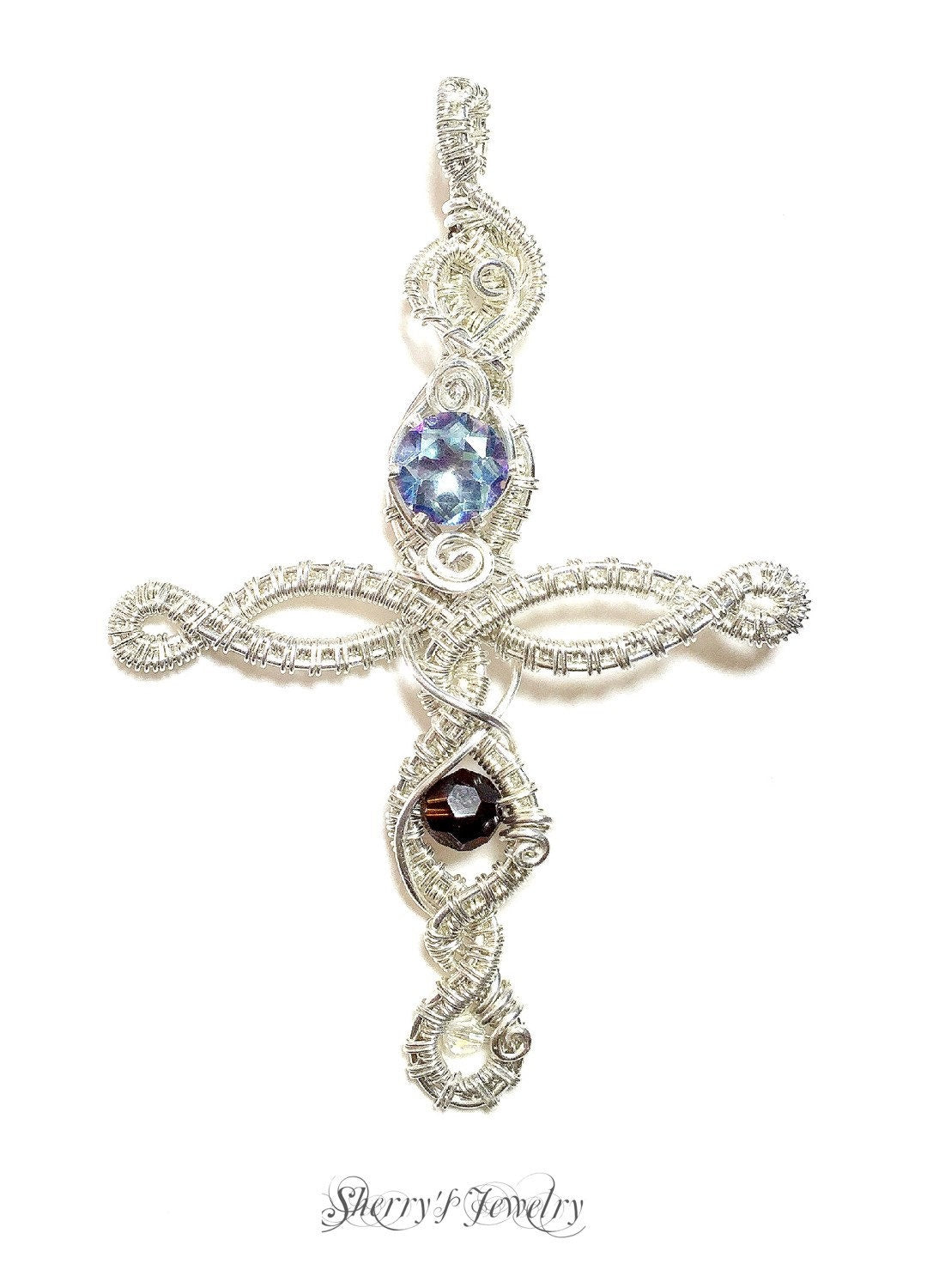 Silver Cross, Silver crucifix, Handmade mystic blue and brown crystal woven Elvish cross