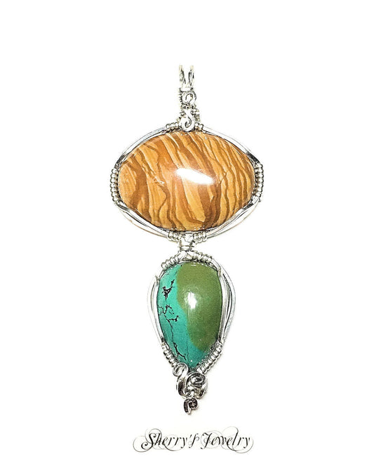Handmade Scenic Jasper and Tibetan Turquoise Artisan Pendant
